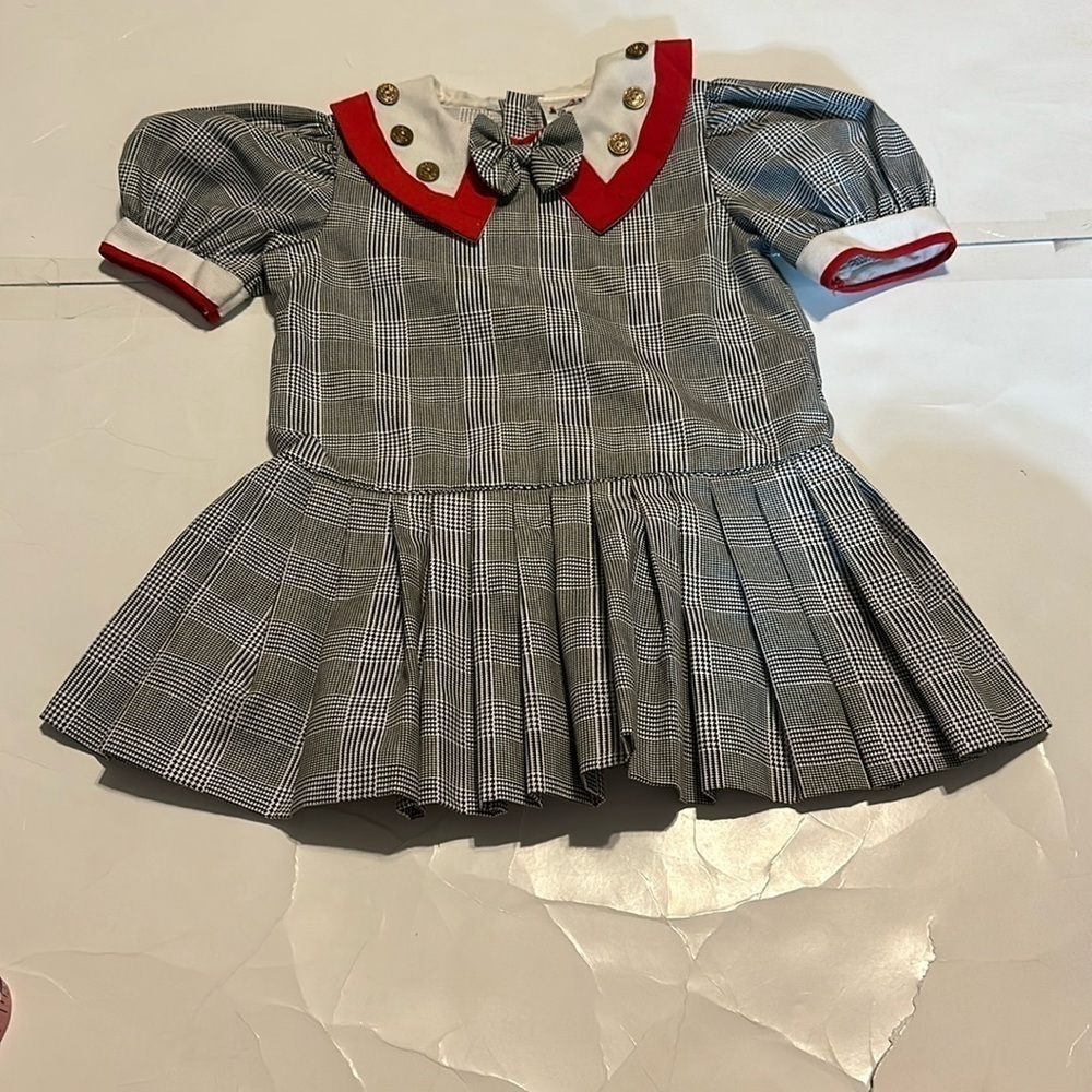 Chevron Houndstooth Schoolgirl 4T Pleated Skirt Bow tie Red Baby Girl Vintage